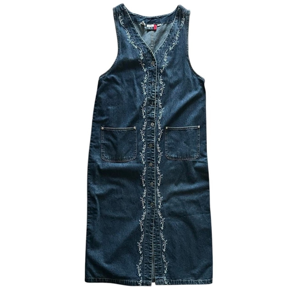J.L. NY Women 90s Dark Wash Sleeveless Denim Floral Embroidered Maxi Dress Sz L